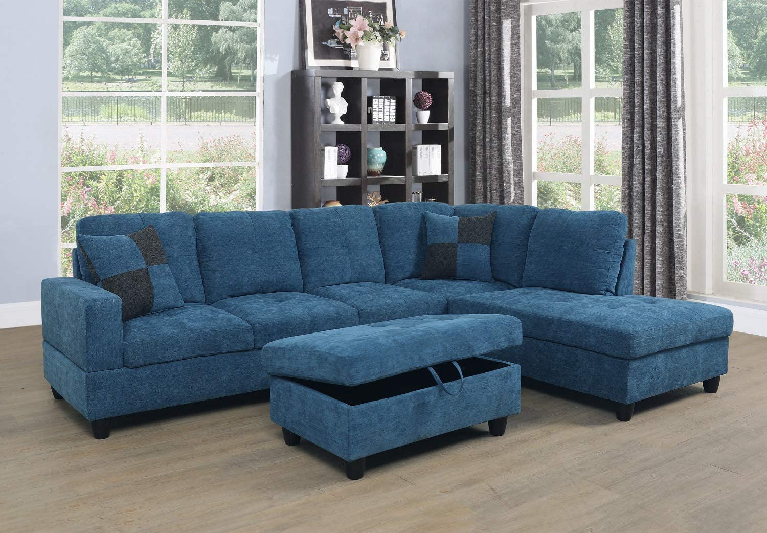 Ainehome Modern Sectional Sofa L-Shape Sectional Fabric Upholstered Couch with Chaise Ottoman Sectional Sleeper Sofa (Right Hand Facing, Lake Blue)