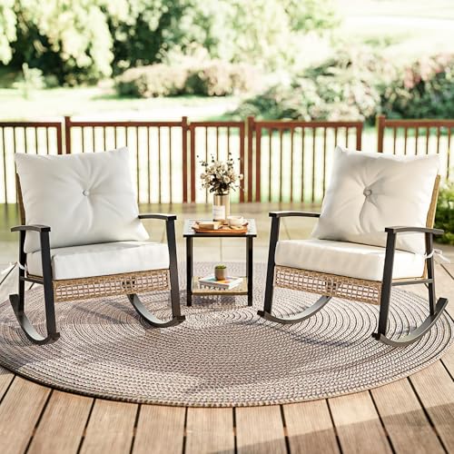SUNCOZE 3 Piece Patio Furniture Set, Outdoor Rocking Chairs Set of 2 with Coffee Table, Patio Bistro Set Patio Rocking Chair Oversize Rattan Conversation Sets for Garden, Balcony, Backyard