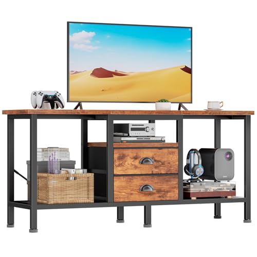 Furologee TV Stand with Power Outlets and 2 Fabric Drawers, 42 Inch Small Entertainment Center with Open Storage Shelves, Simple TV Console Table for Bedroom, Living Room, Rustic Brown