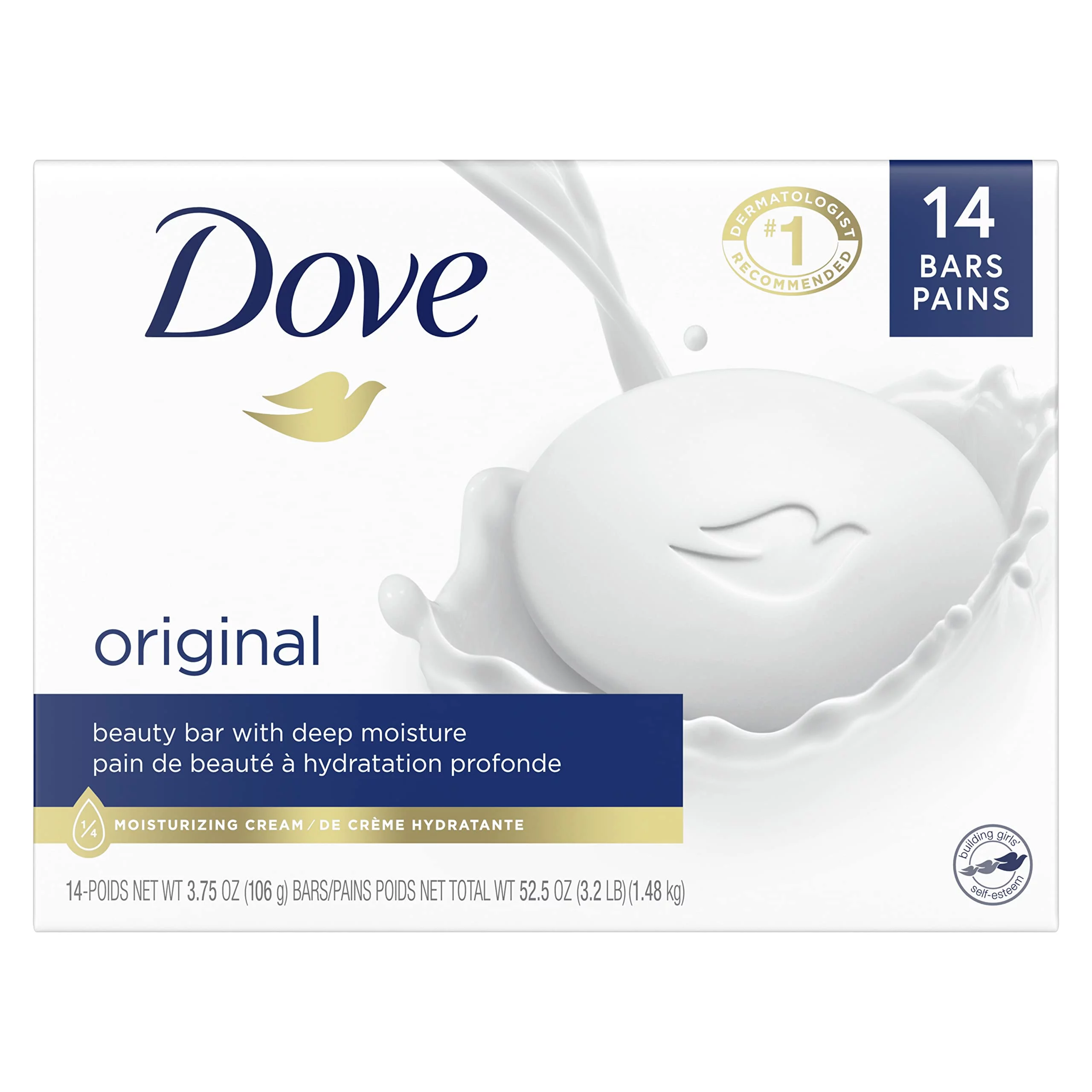 Dove Beauty Bar Cleanser For Gentle Soft Skin Care Original Made With 1/4 Moisturizing Cream 3.75 Oz, 14 Bars