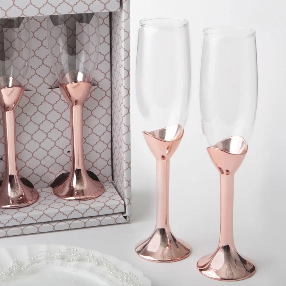 Metallic Rose Gold Glass Toasting Flutes New