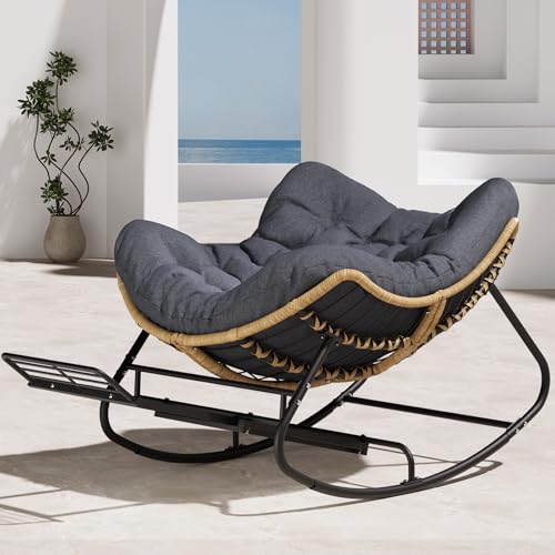 SWITTE Outdoor Rocking Chair, Oversized Patio Papasan Rocker, Comfy Wicker Reading Lounge, Indoor Egg Chair for Bedroom, Living Room, Porch, Garden, Lawn-Dark Grey