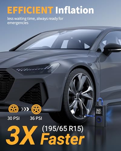 Tire Inflator Portable Air Compressor, 150 PSI Cordless Bike Pump, Air Pump for Auto, Motorcycle, Bicycle, Balls with Pressure Gauge, LED Light & Car Accessories, Black, Medium