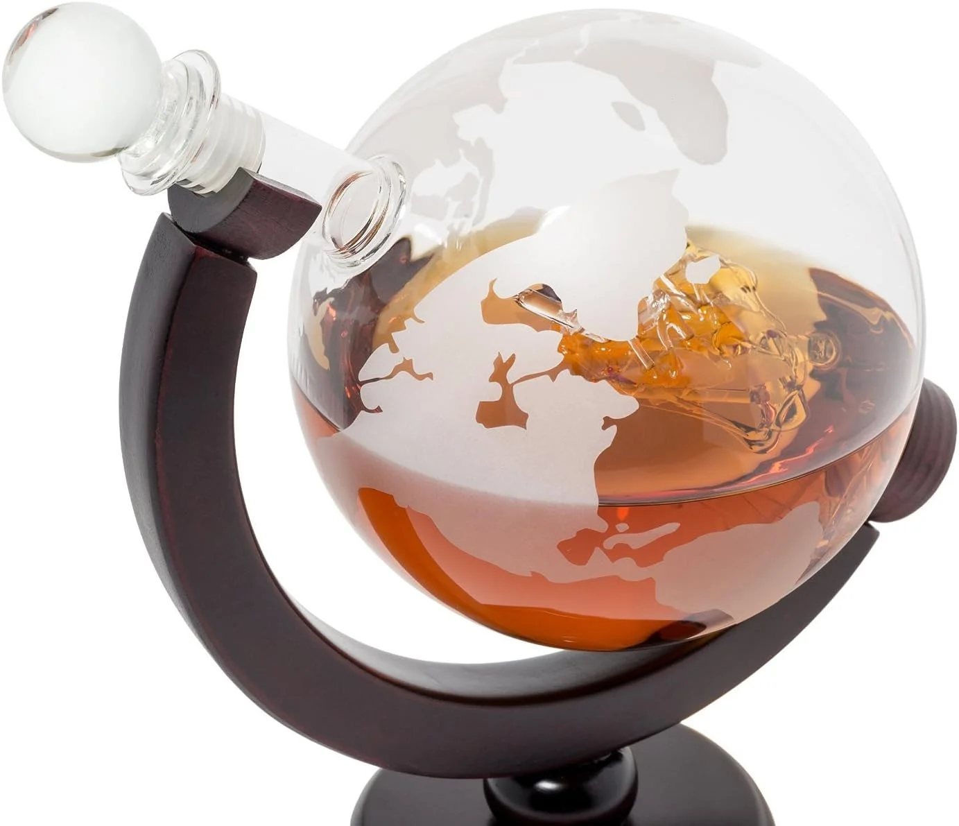 Large 50 Oz 'Ship' Handmade Whiskey Liquor Etched Globe Decanter Set With Wooden Stand, 2 Globe Glasses And Bar Funnel