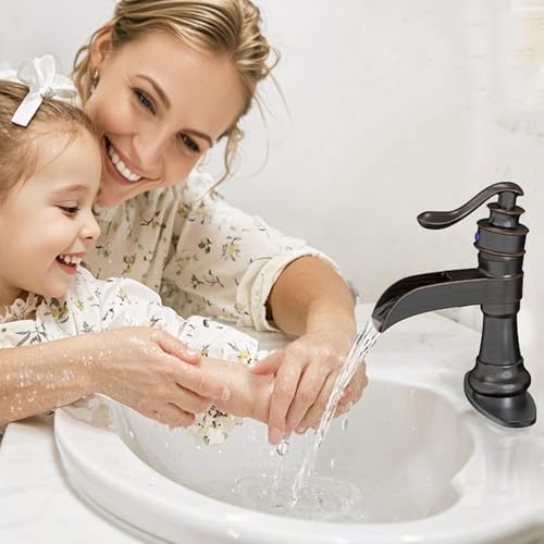 Vessel Sink Faucet, Oil Rubbed Bronze Black Bathroom Faucet, Farmhouse Waterfall Sink Faucet Single Hole with Pop Up Drain Assembly Without Overflow One Hole Mixer Tap Deck Mount