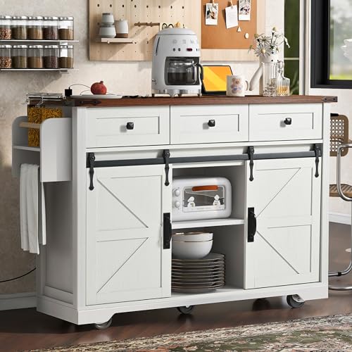Amposei Farmhouse Kitchen Island on Wheels with Drop Leaf & Power Outlet, 53.7-Inch Rolling Storage Island Cart with Drawers, Sliding Barn Door Cabinets, Spice Rack (Retro White)