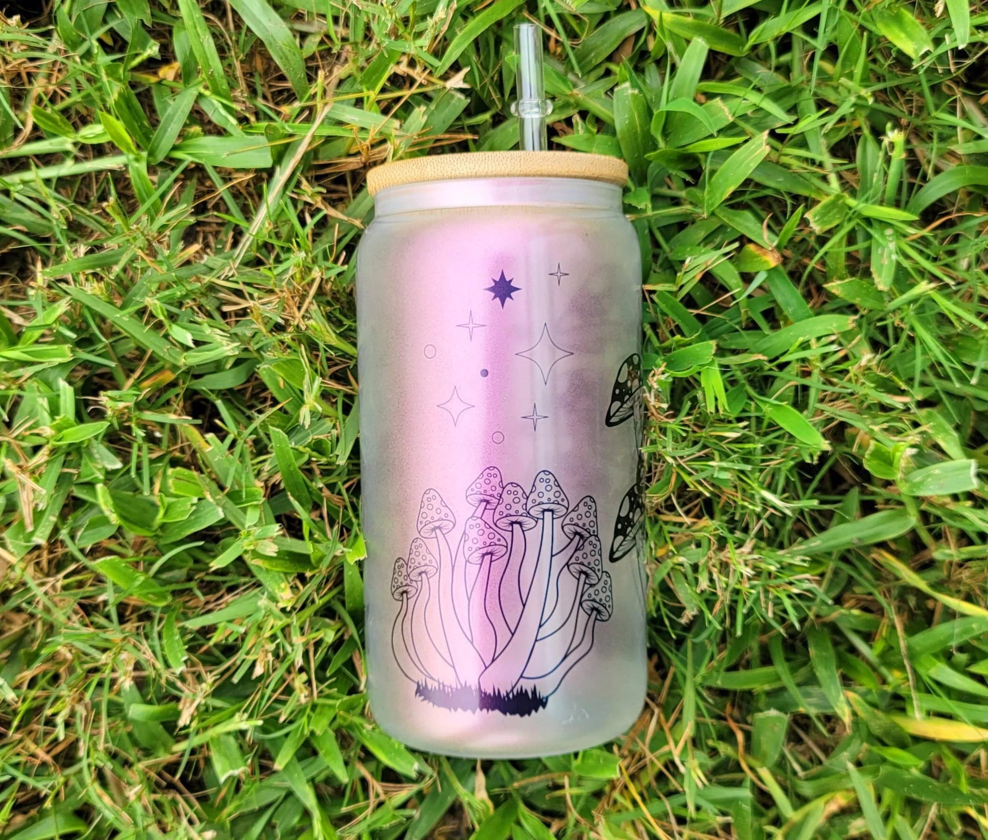 Mushroom Beer Can Glass | Boho Mushroom Coffee Glass | Aesthetic Coffee Glass | 16 oz