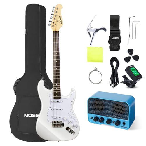 MOSEN 39in Full Size Beginner Electric Guitar Starter Kit, Beginner Starter, with Amplifier, SSS Pickups, Gig Bag, Pick, Tunner, Capo, Cable, Tremolo Bar, Wiping cloth - White