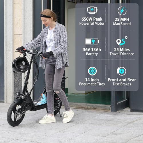 AZHAR Electric Scooter with Seat for Adults, 2025 Upgrade, Better Tire and Electrical System, 500W Motor, Up to 25 MPH and 20/30 Miles, 36V 13AH/48V 15AH, 14
