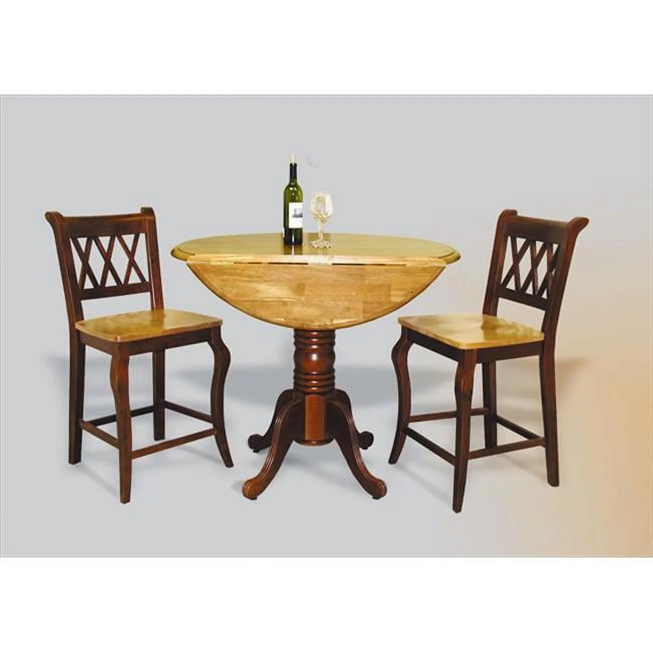 Round Drop Leaf Pub Table in Nutmeg with Light Oak Finish Top