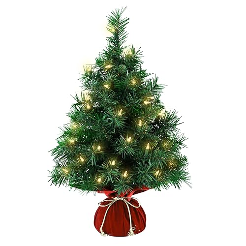 Tabletop Mini Christmas Tree 22 Inch - Mini Artificial Christmas Tree with 35 Warm White Lights, 75 Branch Tips & Red Cloth Bag Base, Perfect DIY Christmas Decorations, Green
