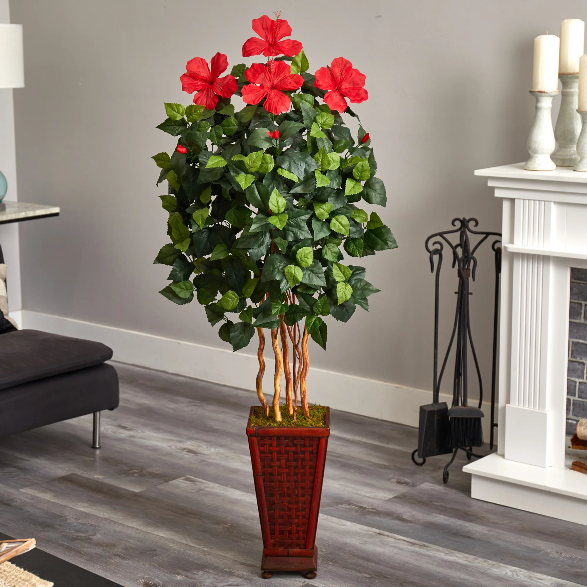 Nearly Natural 5' Hibiscus Artificial Tree with Brown Wooden Planter