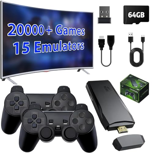 Wireless Retro Gaming Console,Retro Game Stick with 20,000+ Built-in Games and 15 Emulators, Plug and Play Video Game Console, Dual 2.4G Wireless Controllers (64GB)