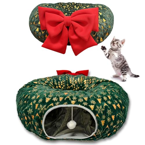 CHUN. F Comfort Green Cat Donut Tunnel for Christmas Tree – Christmas Themed Cat Tube for Holiday Season –A Big Red Bow - Ultra-Soft Plush Velvet Cute Cat Tree Tunnel Skirt with Ball Toy