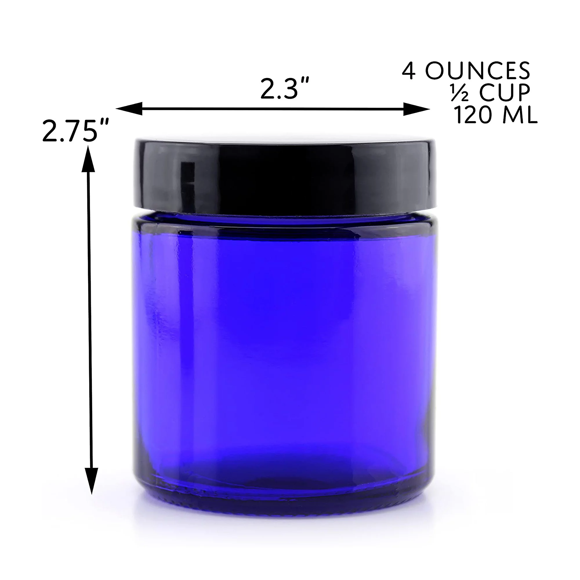 4-Ounce Cobalt Blue Glass Straight Sided Cosmetic Jars (12-Pack); 120 ml. Capacity, BPA-Free Lids