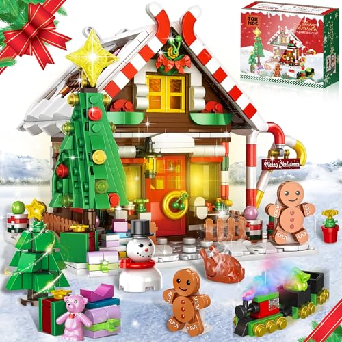 Christmas Gingerbread House Building, Christmas Village House Building Set, Contain Christmas Tree and Train, Xmas Brick Toy Gifts for Adults Teens and Kids 1288PCS