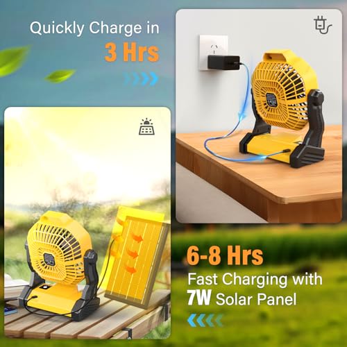 10400mAh Solar Fan with LED Lantern, Camping Fan with Solar Panel, 7W Rechargeable Solar Powered for Outside, Quiet Battery Operated Tent for Picnic, Barbecue, Fishing, Travel