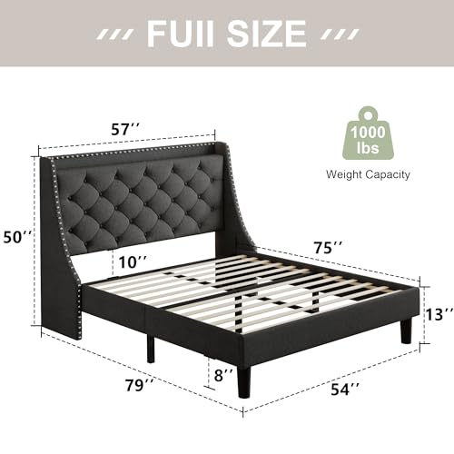 Feonase Full Bed Frame with Luxury Wingback Upholstered Button Tufted Storage Headboard, Full Platform Bed with Charging Station, Sturdy Wooden Slats Support, Noise-Free, Easy Assembly, Dark Gray