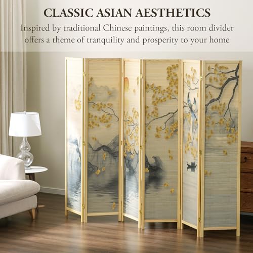 MyGift 6 Panel Large Bamboo Room Divider with Dual Sided Asian Birds Gingko Biloba Tree Sunset Design Print, 6FT Freestanding Artwork Privacy Partition Folding Screen with Beige Solid Wood Frame