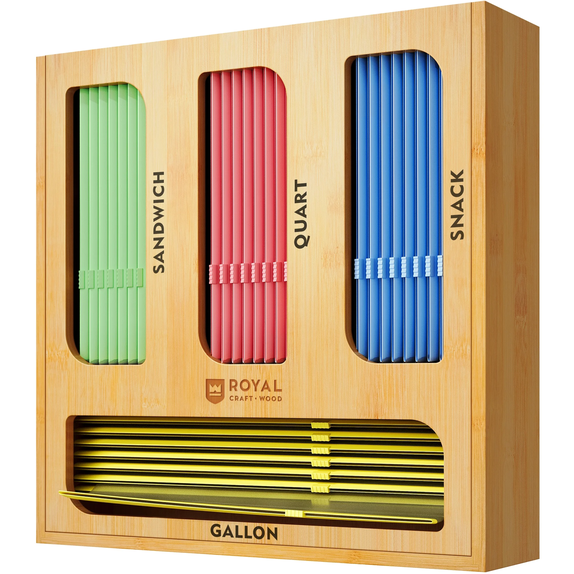 Bamboo Ziplock Bag Storage Organizer for Kitchen Drawer & Wall Mount, 4 in 1 - Food Storage Bags Container with Slider - Fits Any Brand Gallon, Quart, Sandwich, and Snack Food Bags