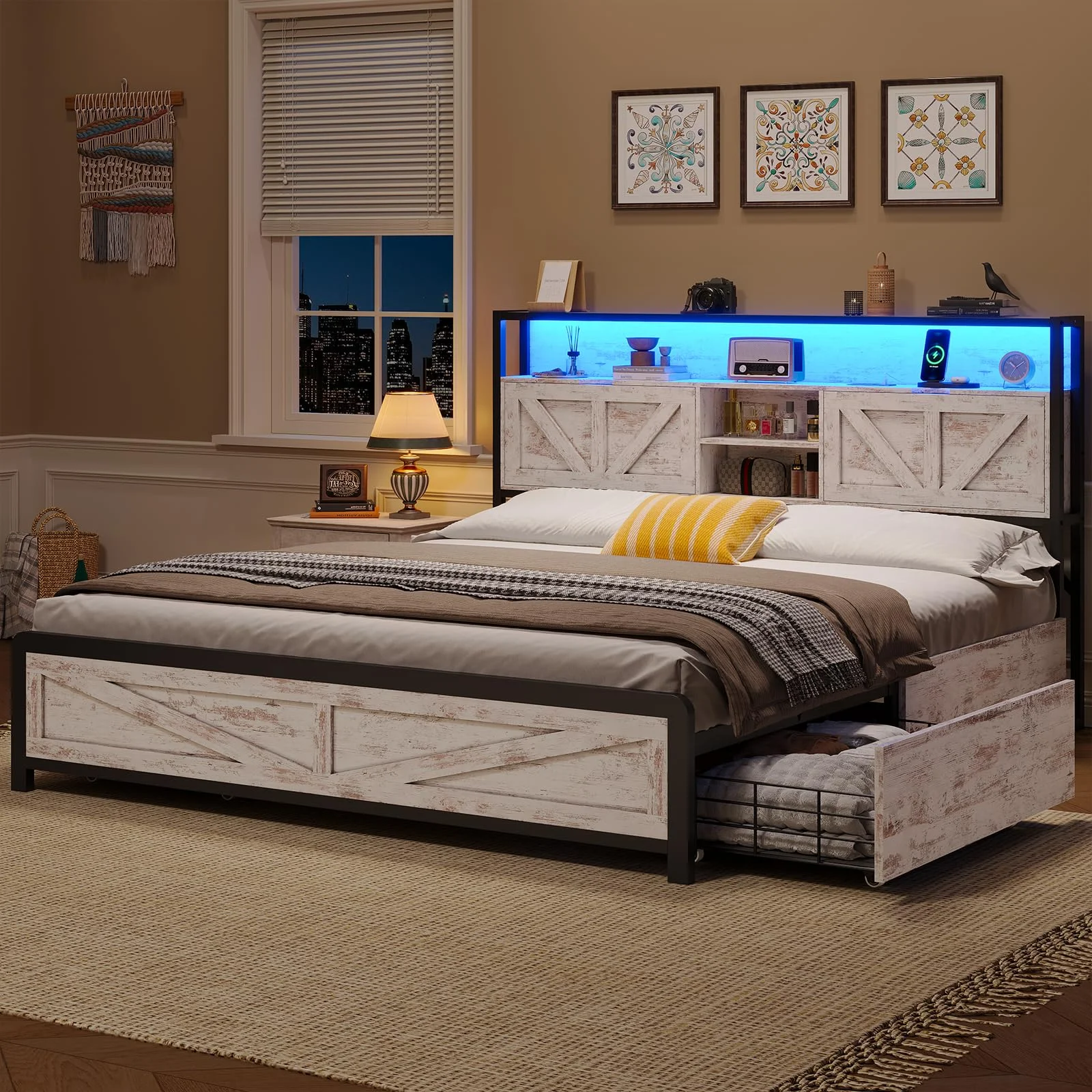 Full Size Bed Frame with Storage Headboard & 4 Drawers, Headboard with Hidden Storage, Farmhouse LED Bed Frame with USB-C/A Charging Station,Washed Oak Grey