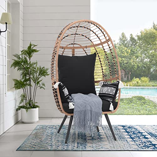 JOIVI Wicker Egg Chair, Oversized Indoor Outdoor Lounger Large Egg Basket Chair with Stand and Cushions for Patio Porch, Backyard, Living Room, Balcony (Beige Rattan, Creamy White Cushion)
