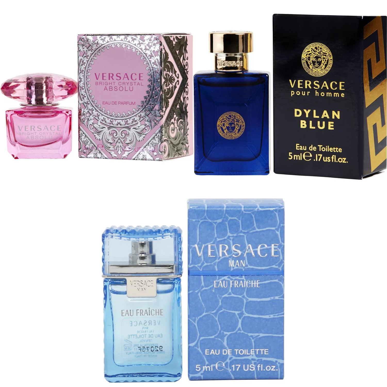Versace Bright Crystal Absolu EDP, Dylan Blue EDT, Man Eau Fraiche EDT - 5ml 3PK Kit
