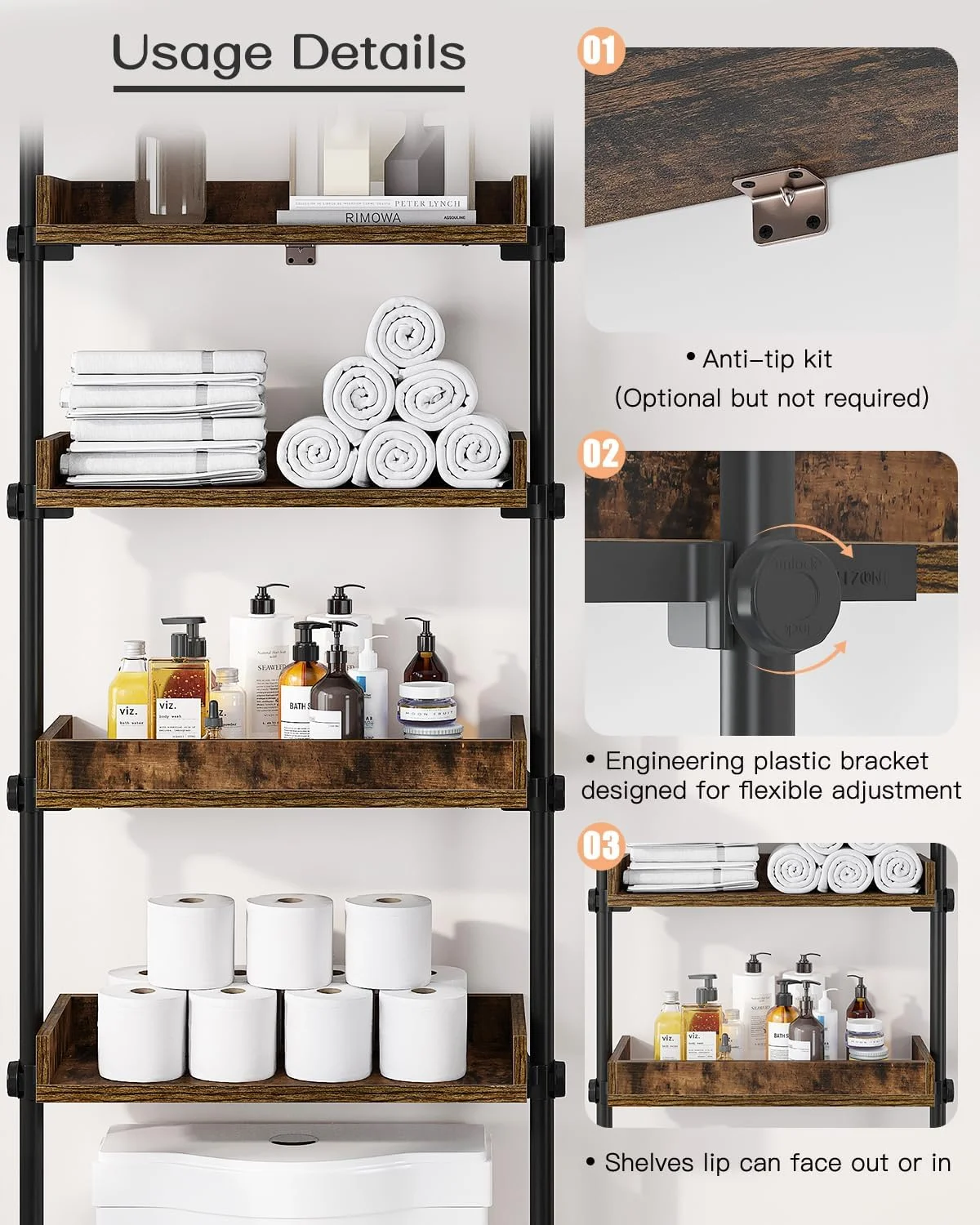 YINCHEN Bathroom Organizer, Over The Toilet Storage, 4-Tier Adjustable Wood Shelves for Small Rooms, Saver Space Rack, 92 to 116 Inch Tall, Narrow Cabinet, Rustic Brown