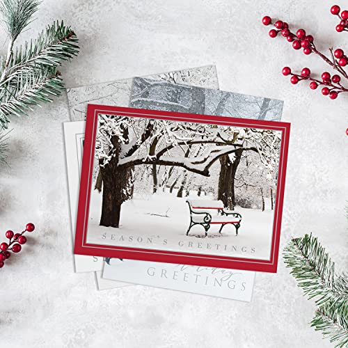 Masterpiece Holiday Greetings Trimmed In Scarlet Christmas Cards / 16 Boxed Snowy Cardinal Wreath Holiday Cards With Silver Foil Lined Envelopes / 5 5/8