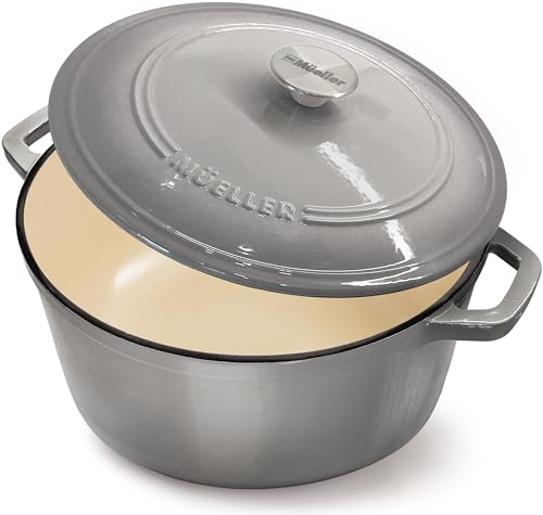 Mueller 6qt Enameled Cast Iron Dutch Oven, Heavy-Duty Casserole and Braiser Pan with Lid and Knob, Oven-Safe up to 500° F & Across All Cooktops, White