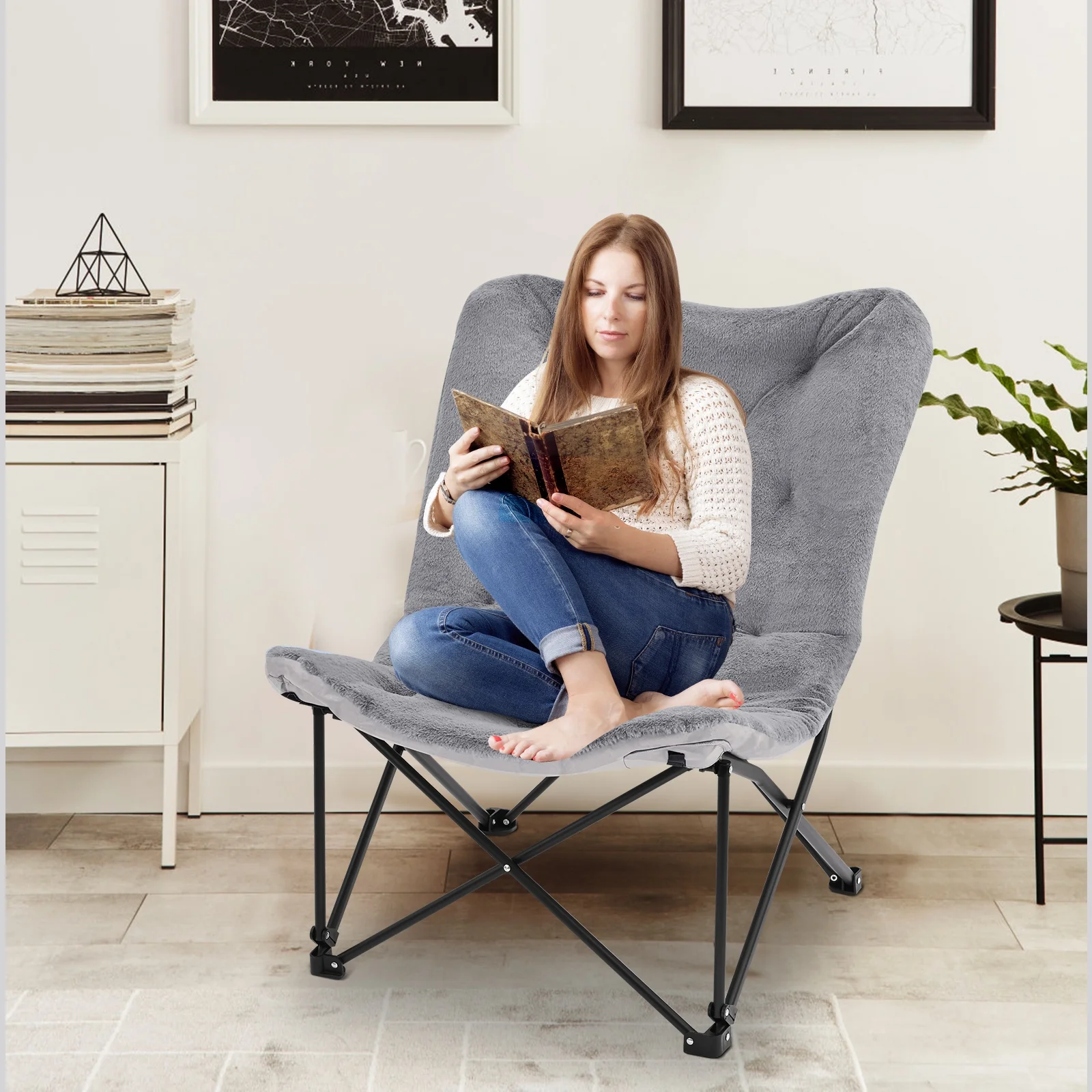 NAIZEA Oversized Folding Camping Chair with Mattress, Living Room Chairs for Adult, Comfy Chair for Indoor, Outdoor Butterfly Chair with Padded Seats, Support 300lbs