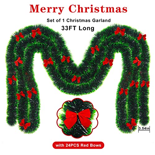 CCINEE 33FT Christmas Garland with 24Pcs Red Bows,Artificial Greenery Pine Garland Decor for Mantle Stair Fireplace Home Party Decoration…