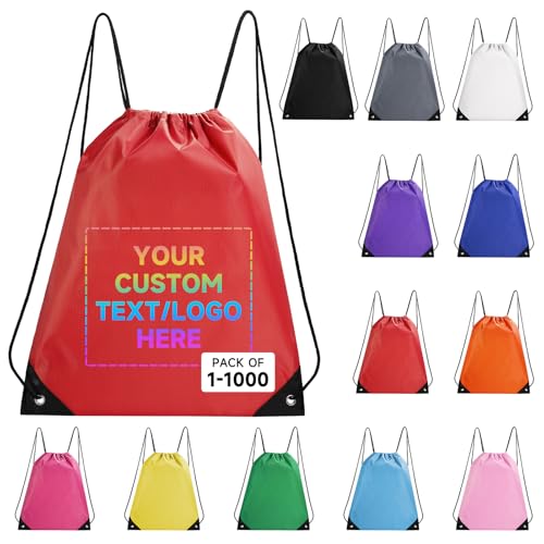 Custom Drawstring Bags With Logo, 50 Pack Personalized Text Drawstring Backpack Bulk Great for Travelling, Gym and for Everyday Use (Black)