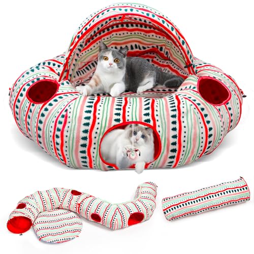 Cat Tunnel Bed for Indoor Cats, Soft Plush Peekaboo Cat Cave Donut Tunnel, Multifunctional Cat Playground Toys Hideplace for Small Medium Large Cats, Kittens, Rabbit, Ferret (Red)