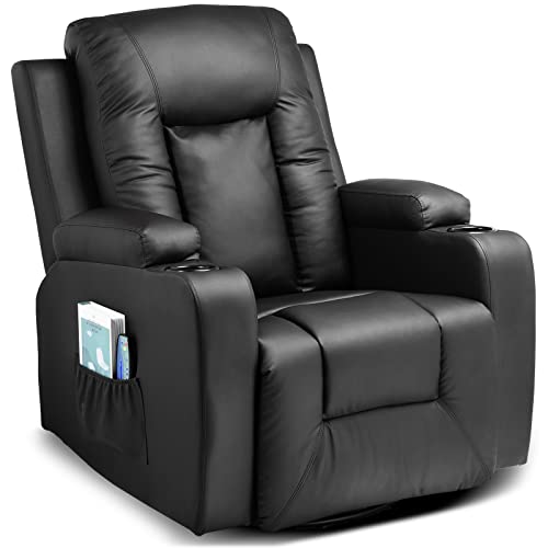 COMHOMA Recliner Chair, Swivel Rocker Recliners, Massage and Heat Reclining Chair, Reclining Sofa with Side Pockets, Cup Holders for Living Room, Bedroom (Black)