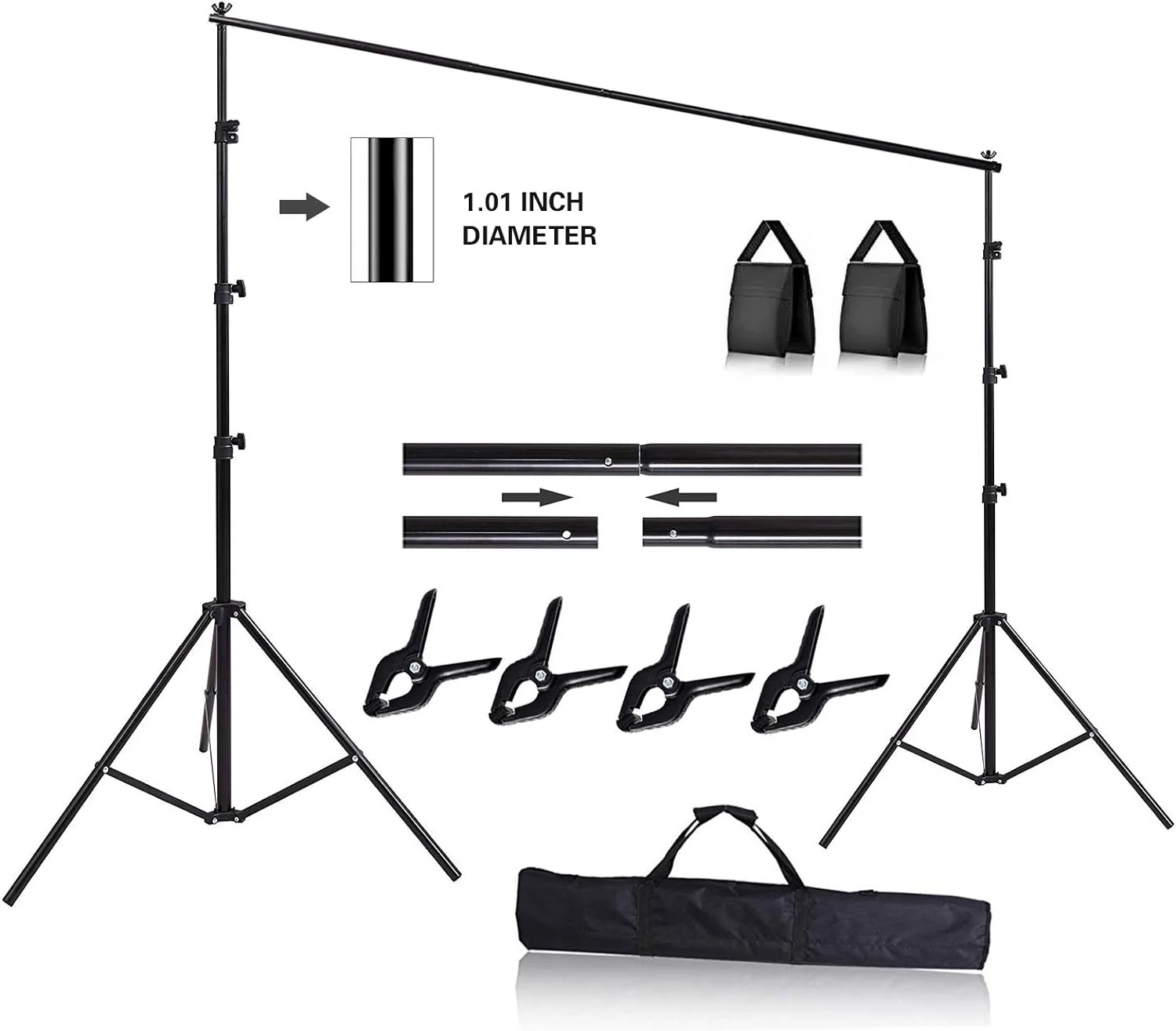 10ft Adjustable Background Support Stand Photography Video Studio Backdrop Kit, 4 Backdrop Clamps, 2 Sandbags for Wedding Party Stage Decoration Black