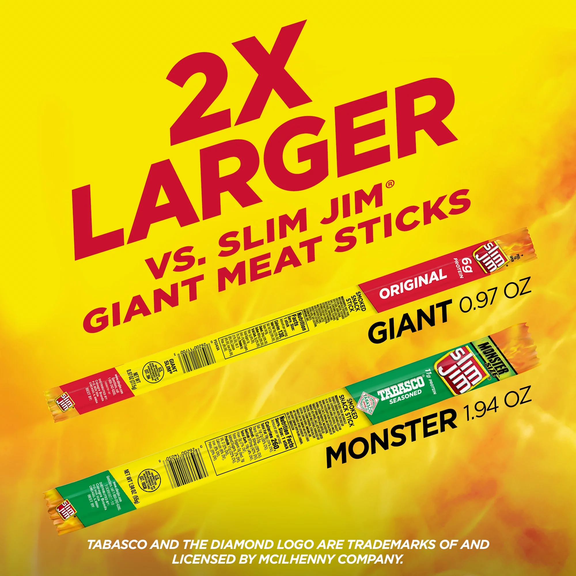 Slim Jim Monster Size Tabasco Smoked Snack Sticks, Monster Meat Sticks, 1.94 Oz, 18 Ct
