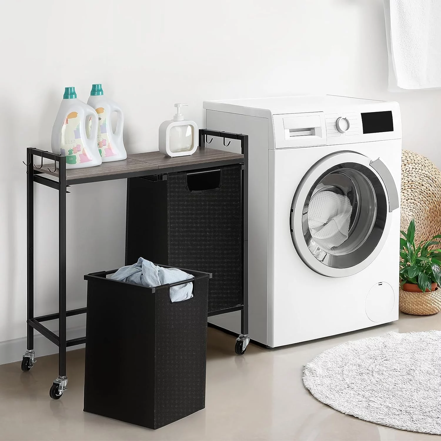 Rolling Black Double Laundry Hamper Basket with Removable Bag and Gray Wood Shelf