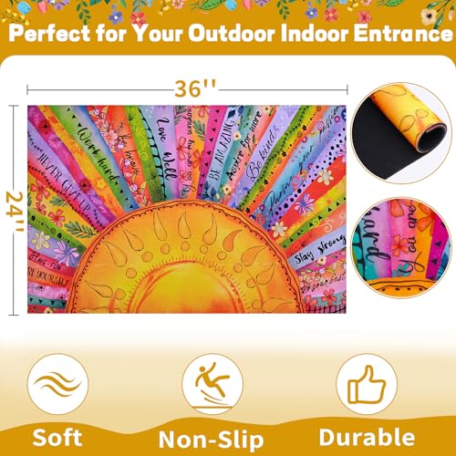 Likiyol Boho Sun Door Mat Outdoor Indoor, Colorful Floral Welcome Doormat with Inspirational Quotes for Front Door, Entryway, Non Slip Washable Rubber Door Rug, Low Profile, Absorbent, 18'' x 30''