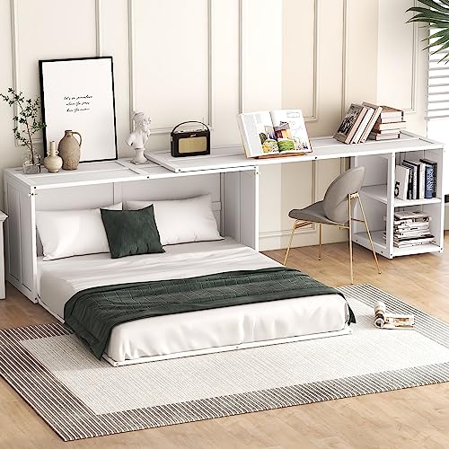 Merax Queen Size Murphy Bed with Rotable Desk, Space-Saving Design Wall Cabinet Bed Frame with Storage Shelves for Bedroom and Guest Room, No Box Spring Required, Grey