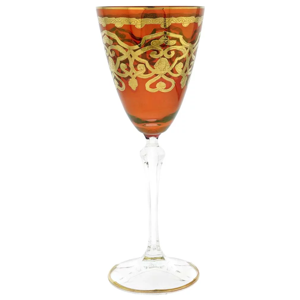 GlassOfVenice Set of Two Murano Glass Wine Glasses 24K Gold Leaf - Red