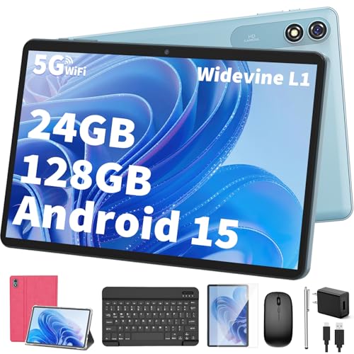 Android 15 Tablet with Keyboard, 26GB+256GB(2TB Expand), 10.1 Inch Tablet 8000 mAh Battery, BT 5.0, 5G WiFi, Widevine L1, Dual Camera, 2 in 1 Tab with Mouse, Case, Stylus(Black)