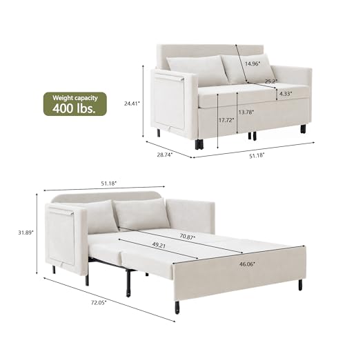 3-in-1 Sleeper Sofa Bed, 51'' Convertible Folding Couch with Pullout Bed, Chenille Futon Sleeper Sofa with Side Table and 2 Pillows, Modern Loveseat Couch for Living Room, Bedroom, Home Office (Grey)