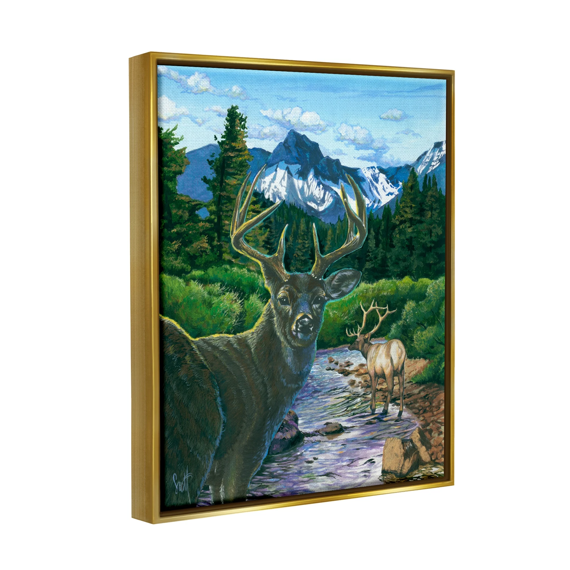 Stupell Industries Deer in Mountain Scenery Animals & Insects Painting Gold Floater Framed Art Print Wall Art, 25 x 31