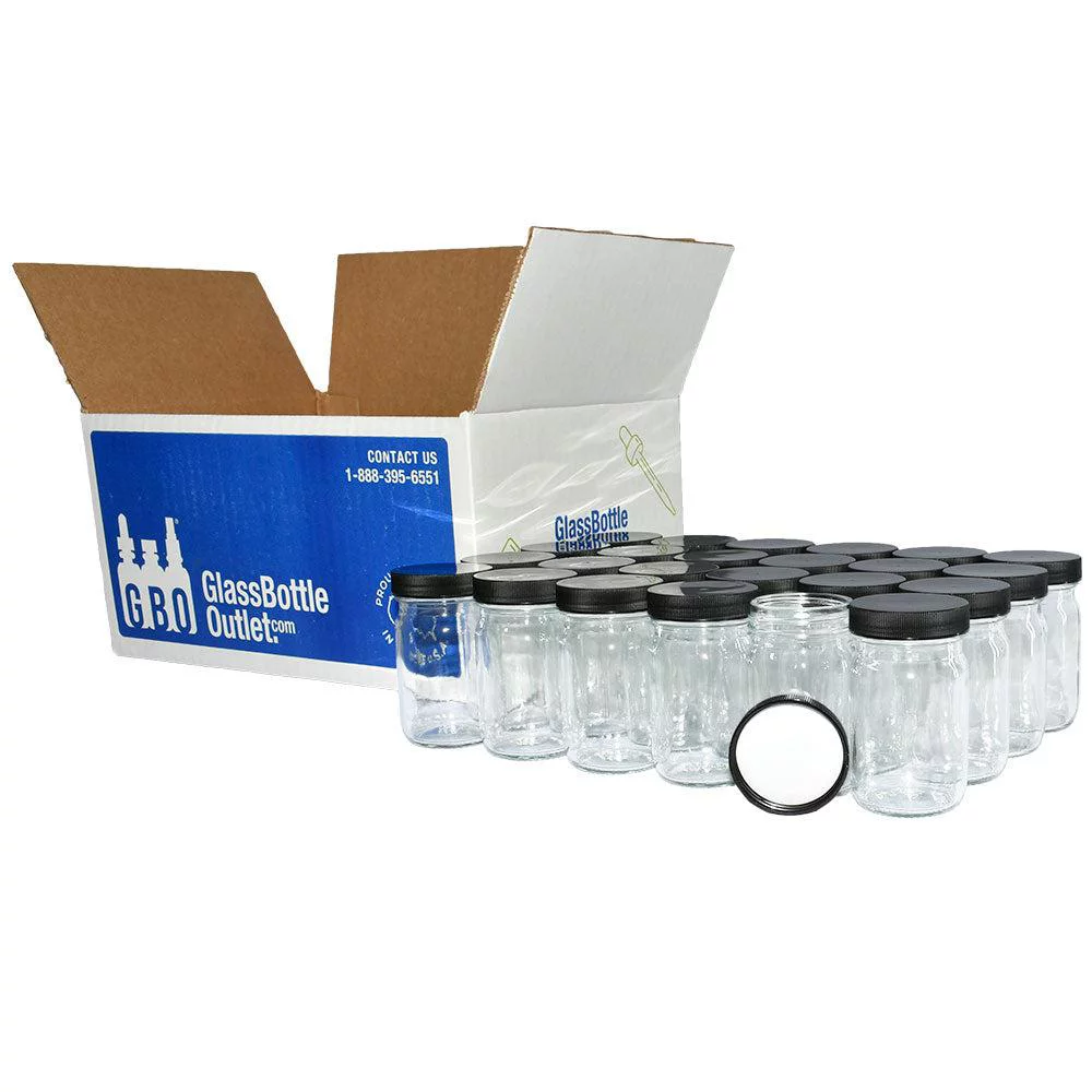 24 Pack - 4 oz. Clear Glass Jar with Black Plastic Cap (48/400) (V4) (V7)