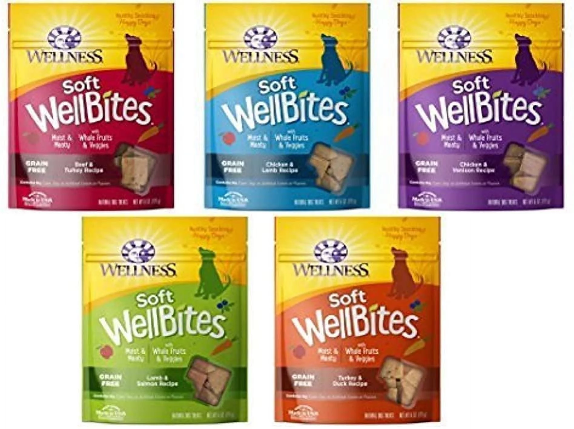 Wellness Wellbites Soft & Chewy Variety Pack (Beef & Turkey, Chicken & Lamb, Chicken & Venison, Lamb & Salmon, and Turkey & Duck, 6 ounce bags)