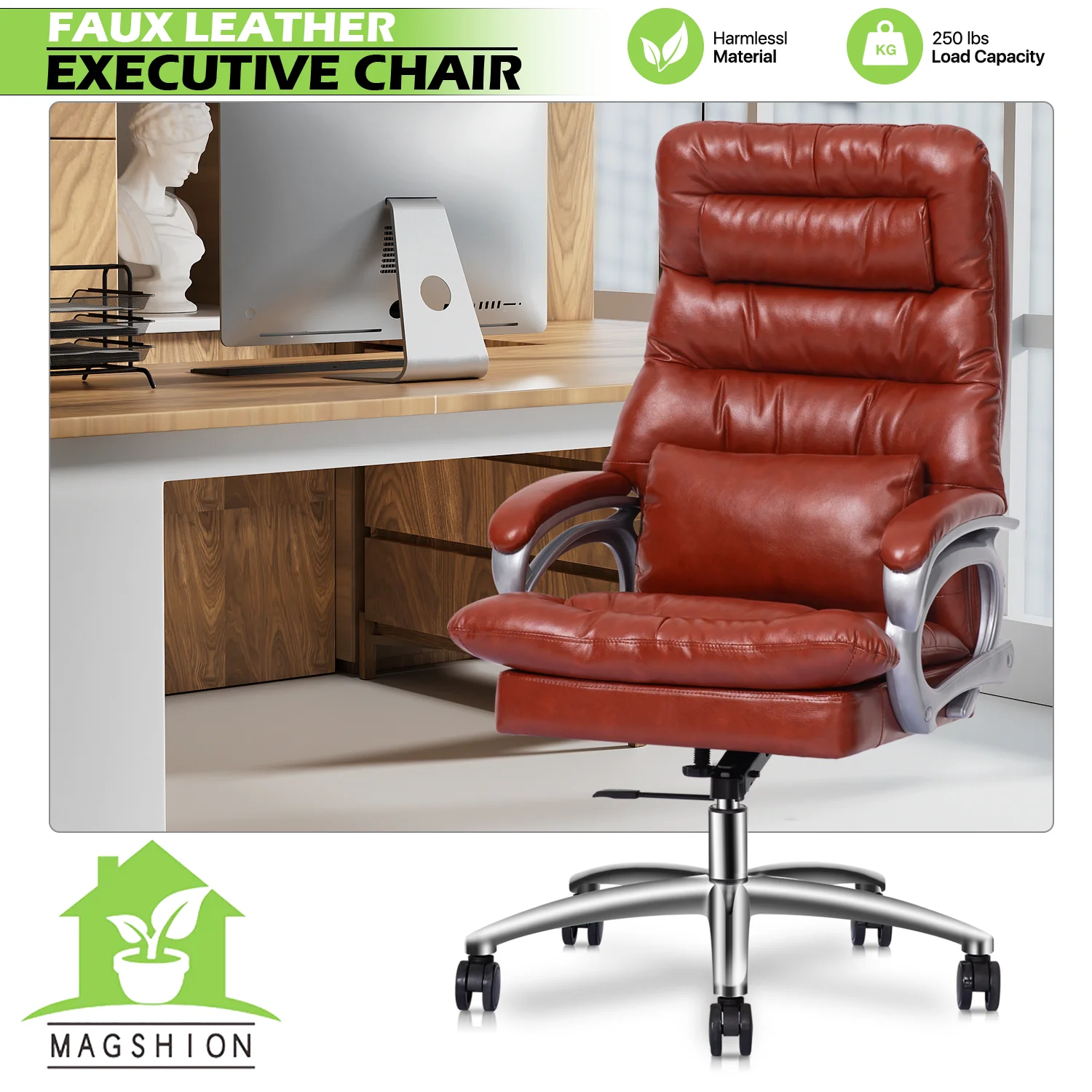 Magshion High-Back PC Computer Office Executive Chair, PU Leather Swivel Memory Foam Seat, Brown