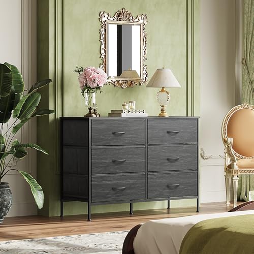 WLIVE Wide Dresser with 6 Drawers, TV Stand for 50 Inches TV, Entertainment Center with Metal Frame, Wooden Top, Fabric Storage Dresser for Bedroom, Hallway, Entryway, Black and Rustic Brown