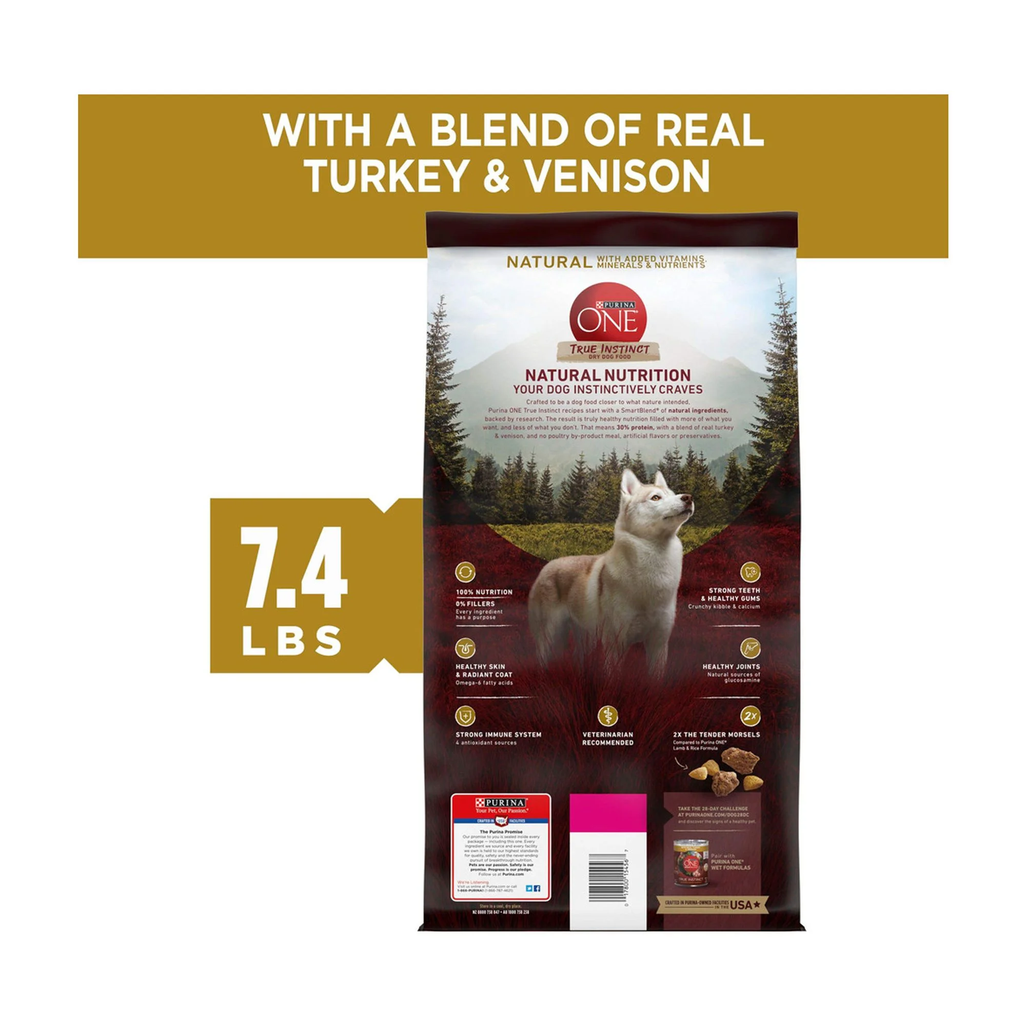 Purina ONE True Instinct With A Blend Of Real Turkey and Venison Dry Dog Food - 7.4 lb. Bag (Pack of 16)