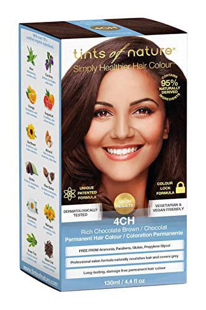 Tints of Nature 4CH Rich Chocolate Brown, Vegan Permanent Hair Dye, 95% Natural, Free from Ammonia, Parabens, and Propylene Glycol, Single